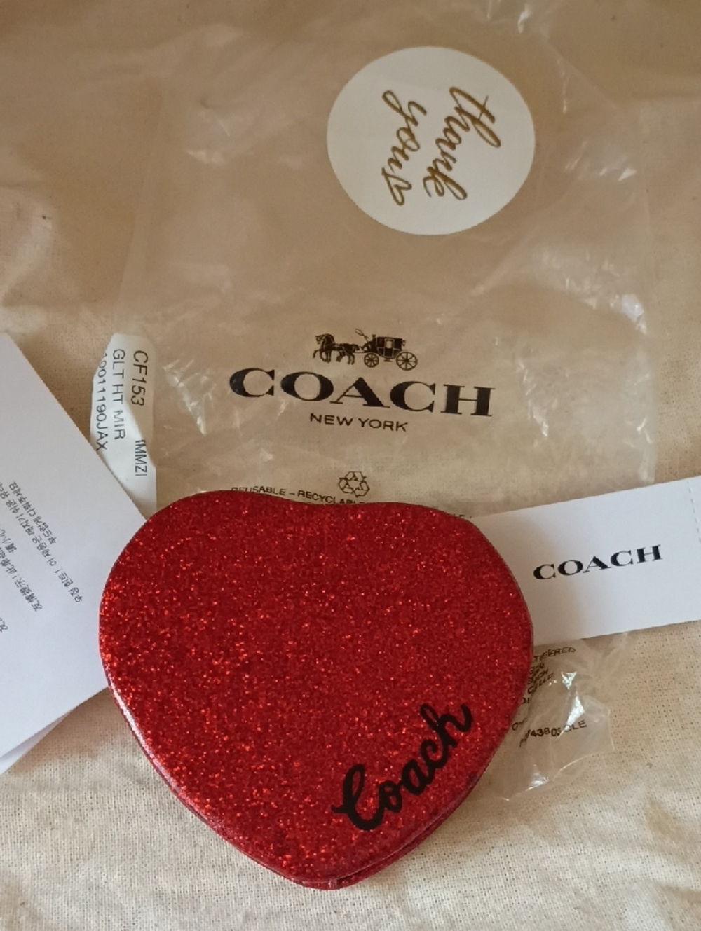 COACH Red Glitter Heart Compact Mirror Key & Card Holder